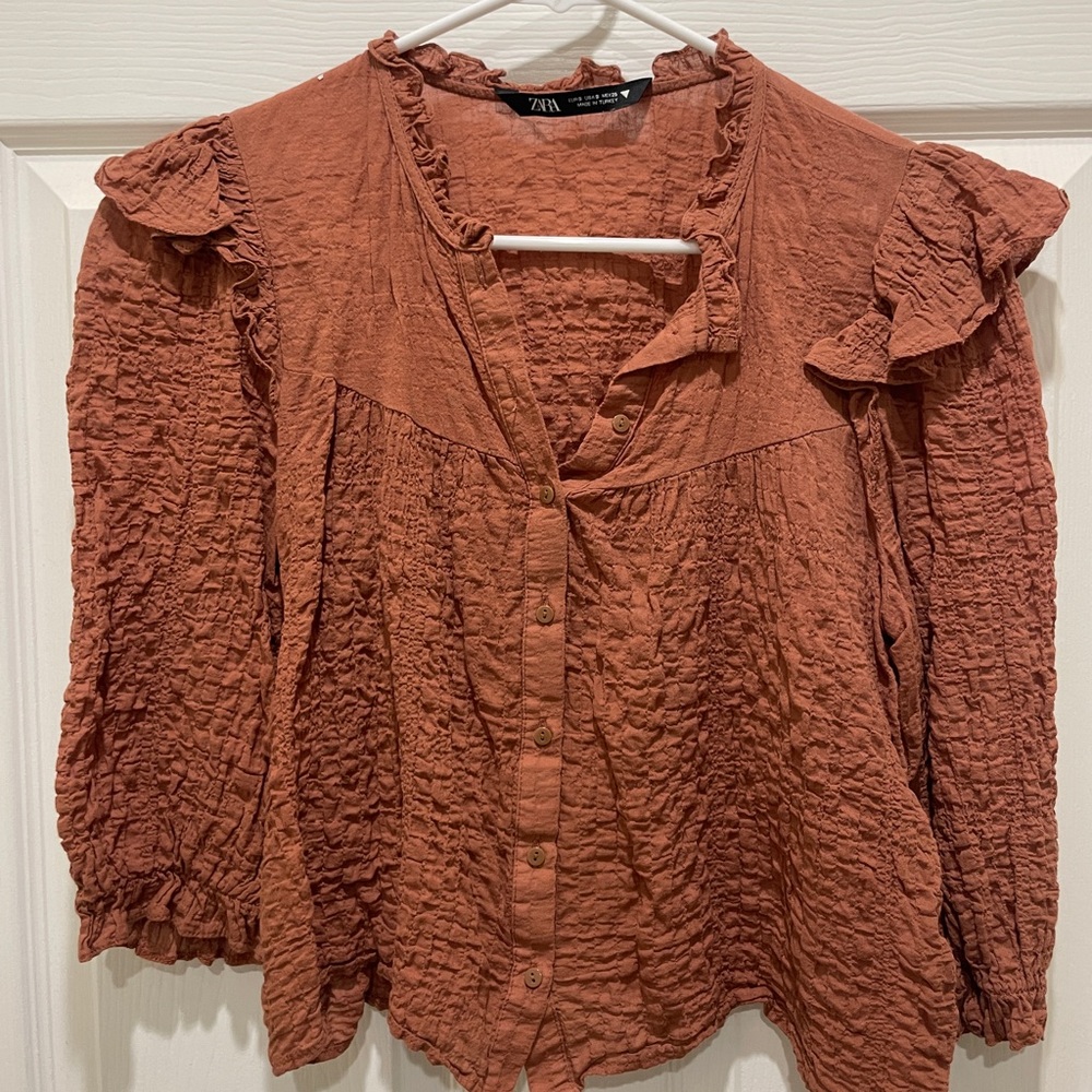 Crinkle Button Down Shirt with Ruffle Shoulder